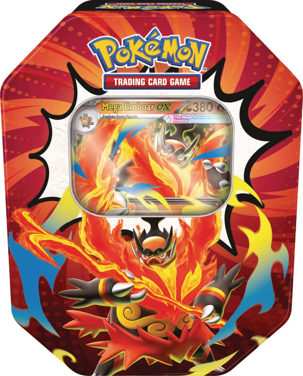 A sealed Pokémon TCG Mega Evolution Ascended Heroes Tin displayed on a dark background.