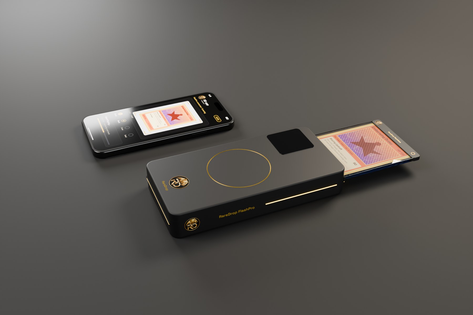 Matte-black RareDrop FlashPro with gold accents and the gold jaguar RD badge, beside an iPhone showing the RD app
