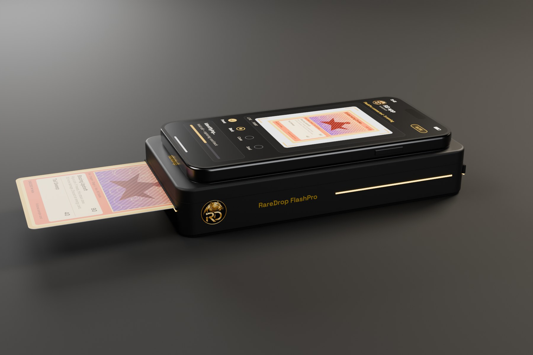 iPhone attached on top of the matte-black RareDrop FlashPro with a raw card being inserted