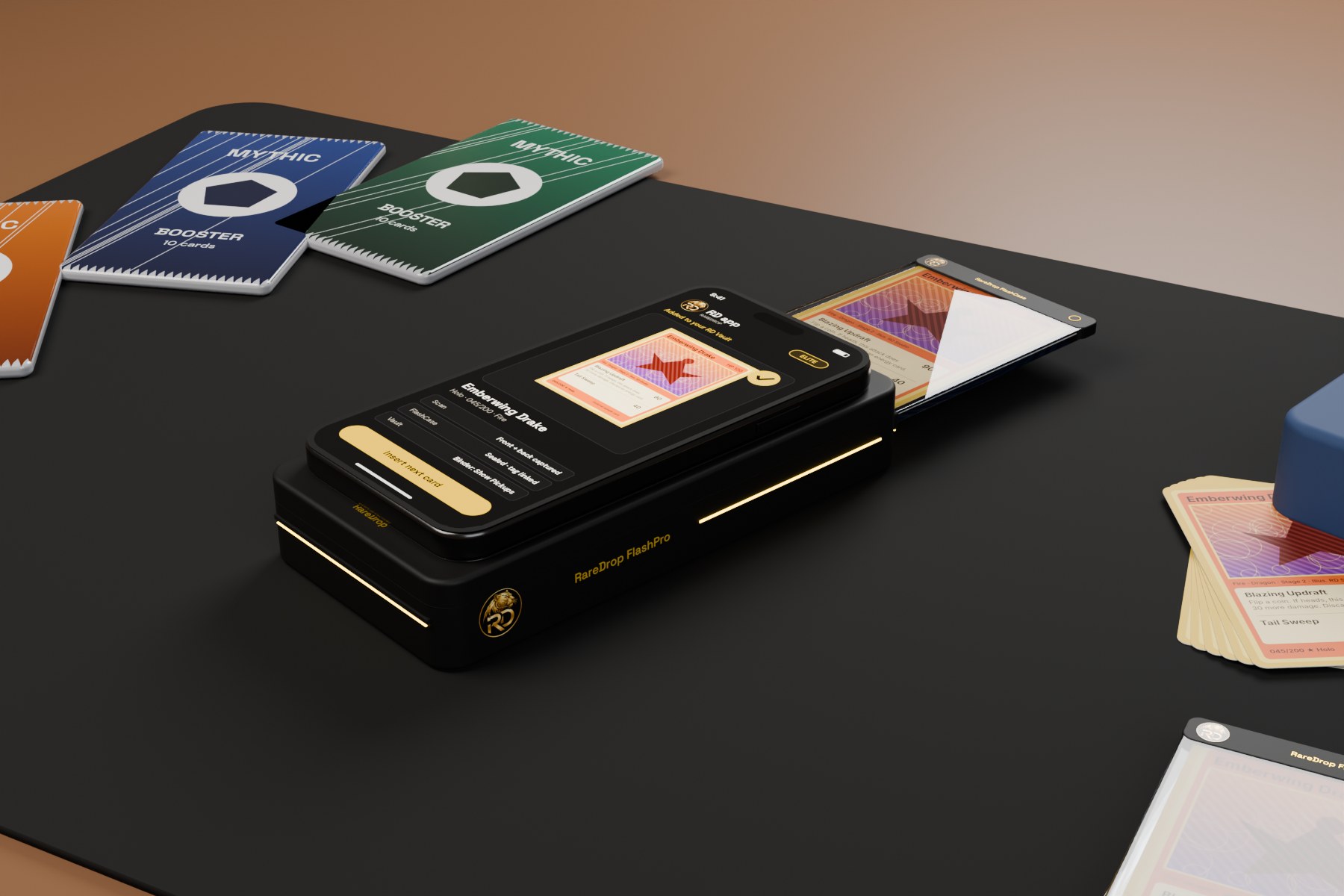 RareDrop FlashPro with an iPhone on a black card-show table beside booster packs and cards