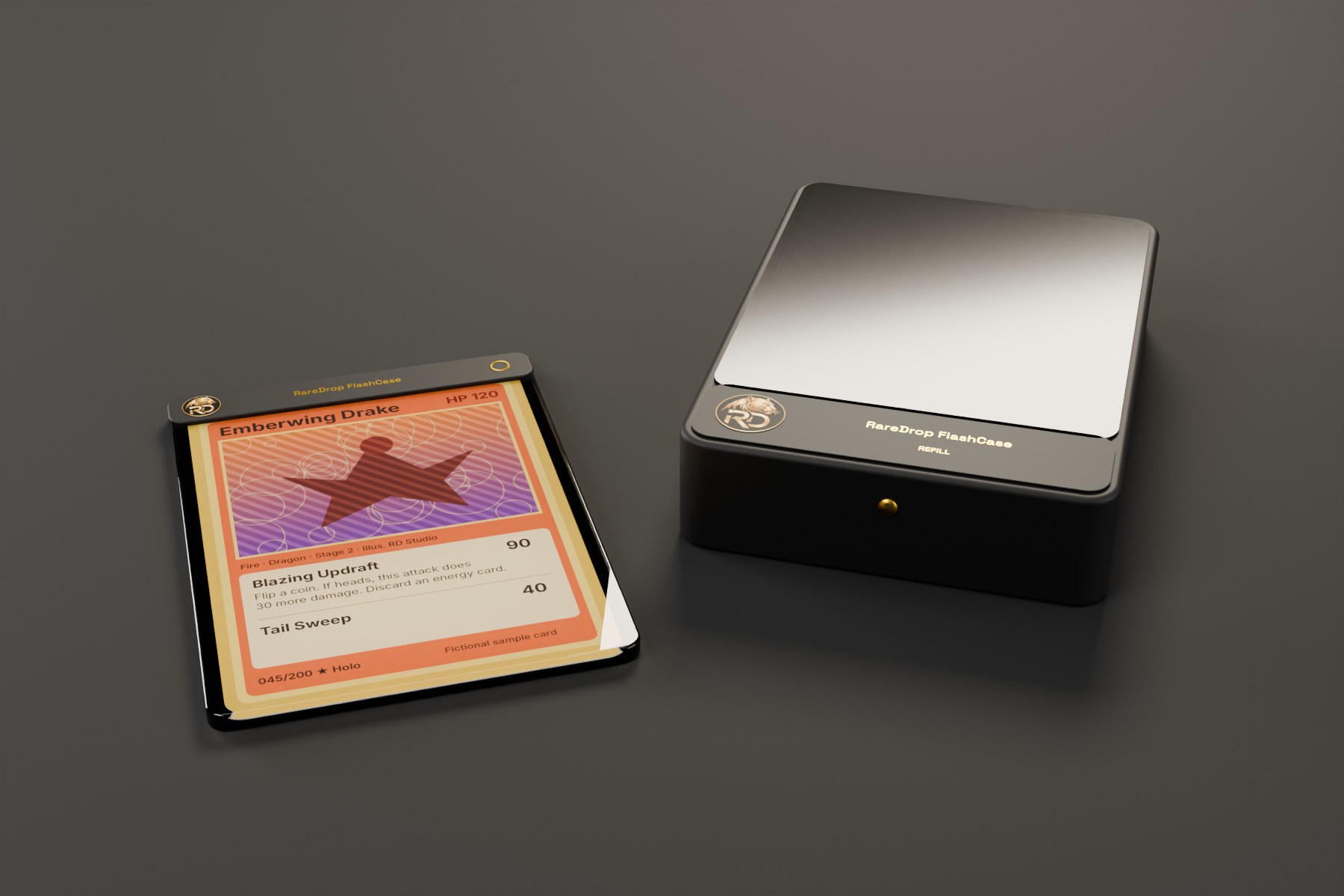 A card sealed in a clear RareDrop FlashCase beside a FlashCase refill