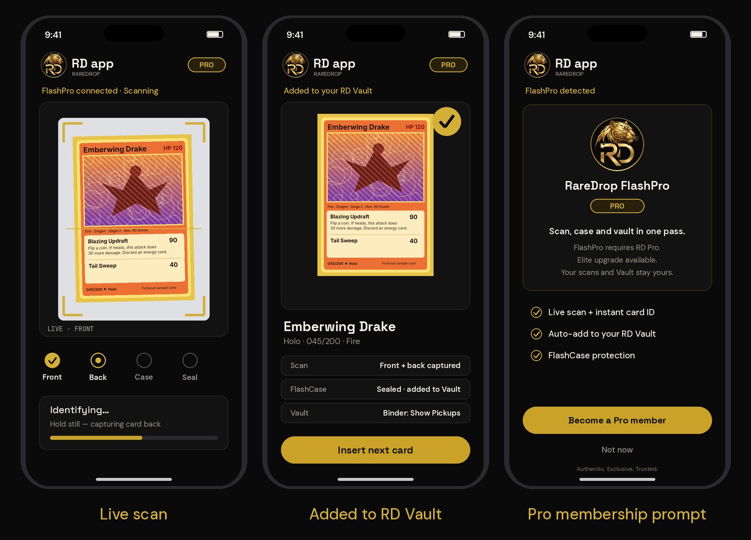 RD app screens showing a live FlashPro scan, a card added to the RD Vault, and a Pro membership prompt