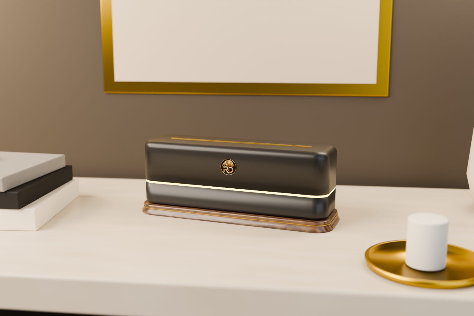 RareDroplet Station Home in Black & Gold on a walnut charging plinth