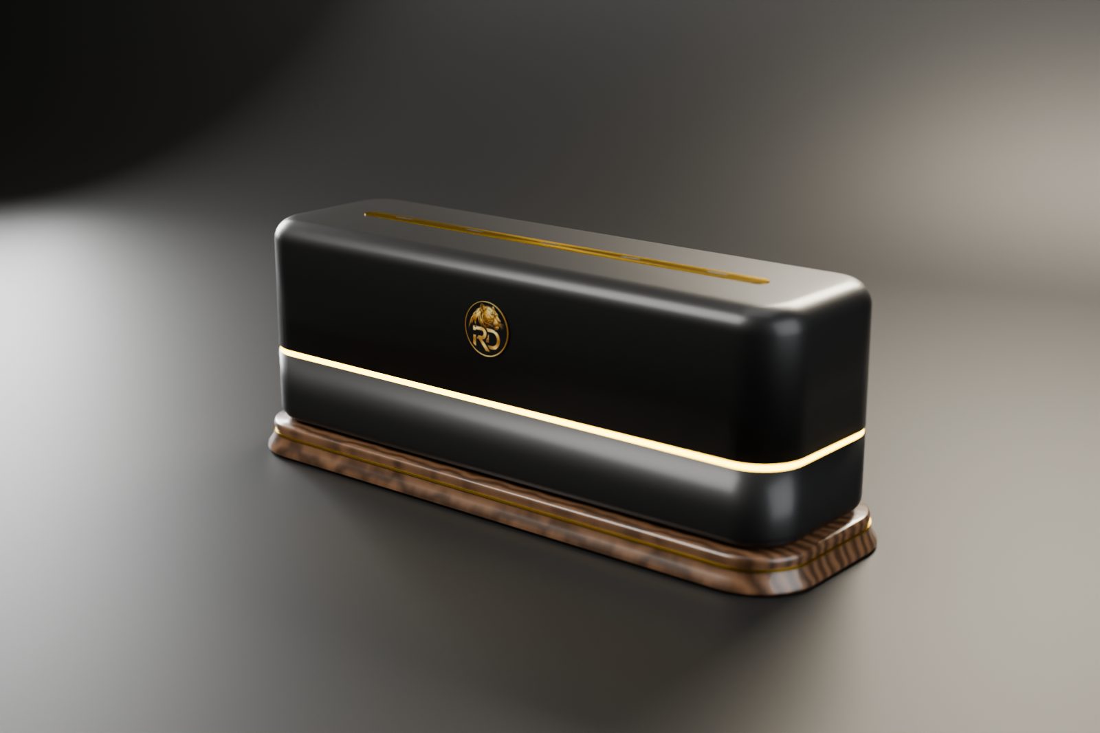 RareDroplet Station Home in Black & Gold: matte ceramic body, glowing gold seam and gold RD emblem on a walnut charging plinth