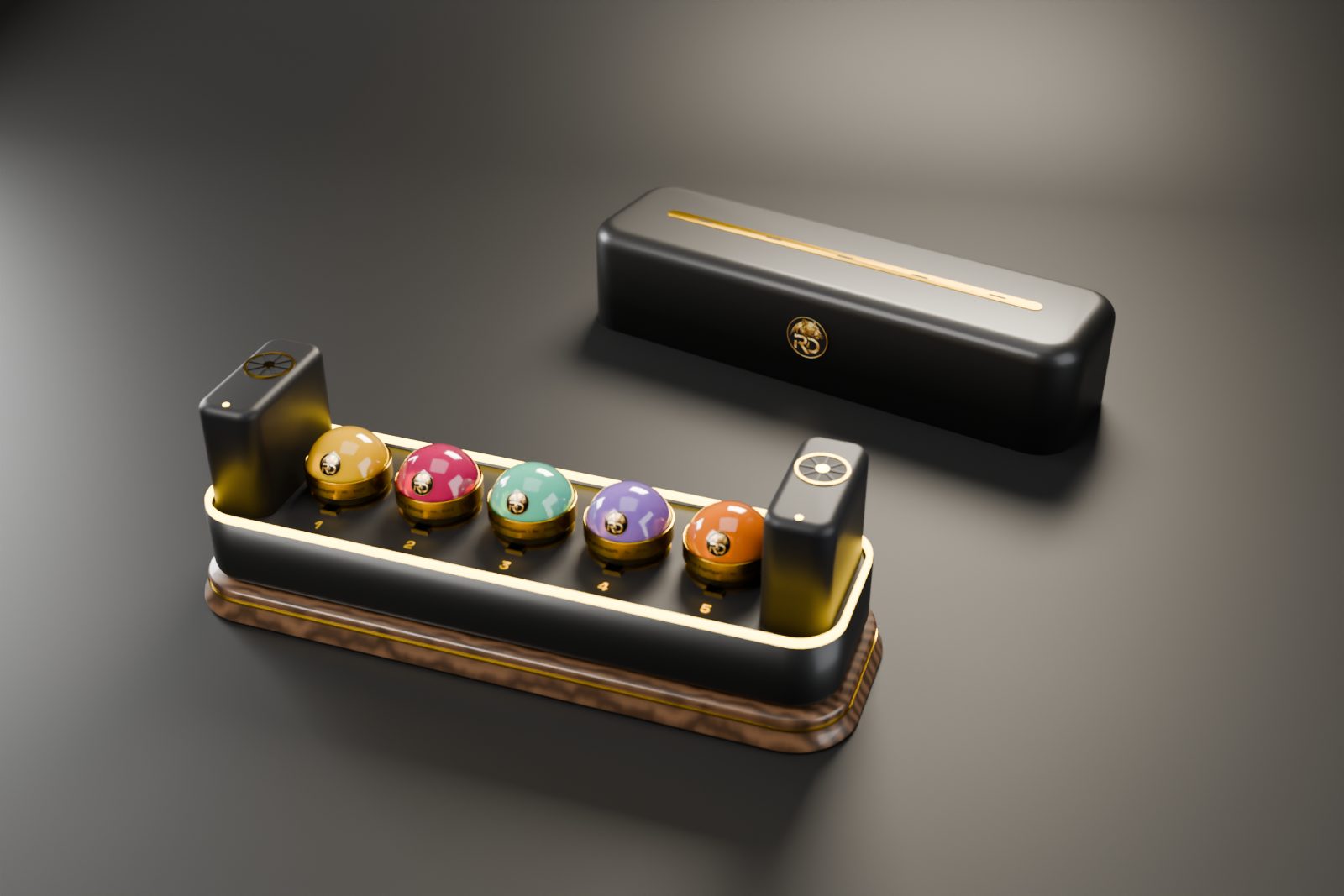 RareDroplet Station Home with the lid lifted off, showing five collectible RD fragrance orbs in numbered ports