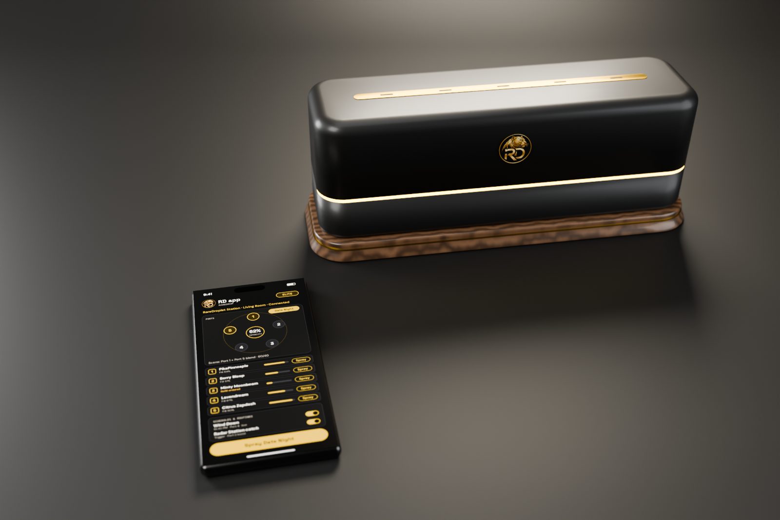 The RD app controlling a RareDroplet Station: five ports, intensity, a Scent Scene blend, fill levels and spray buttons