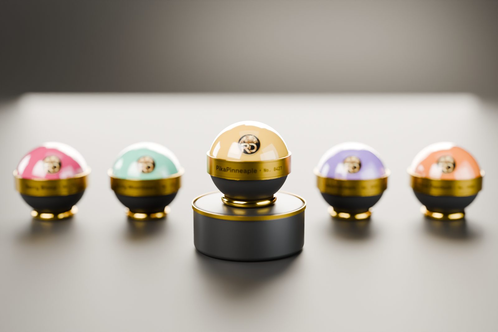 The PikaPinneaple No. 0427 RD fragrance orb on a pedestal, with four more orbs behind it