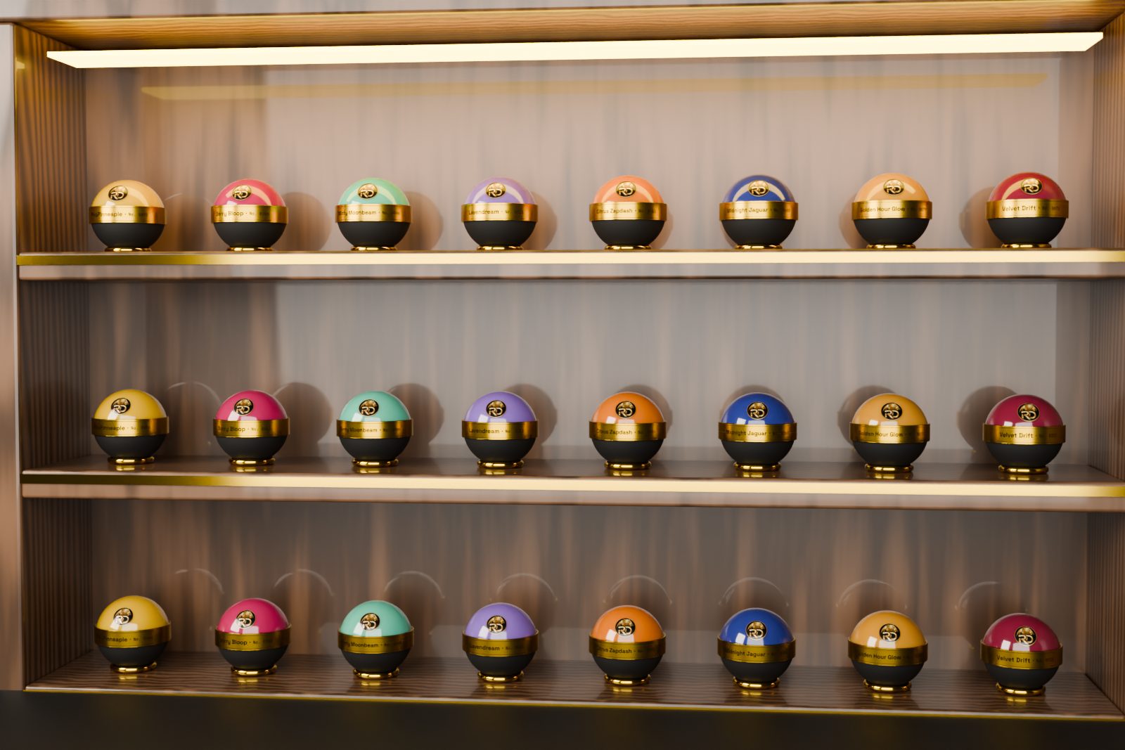 A lit display case of collectible RD fragrance orbs in many colors, each with its name on a gold band