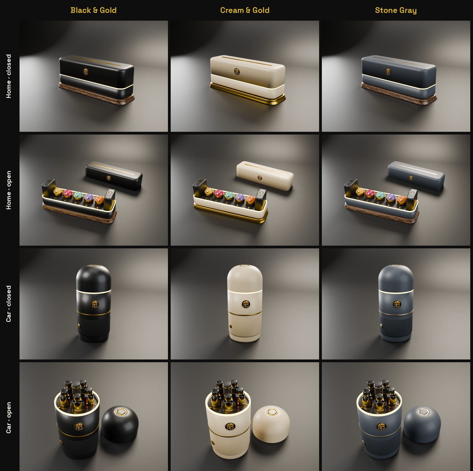 RareDroplet Station Home and Car, closed and open, in Black & Gold, Cream & Gold and Stone Gray