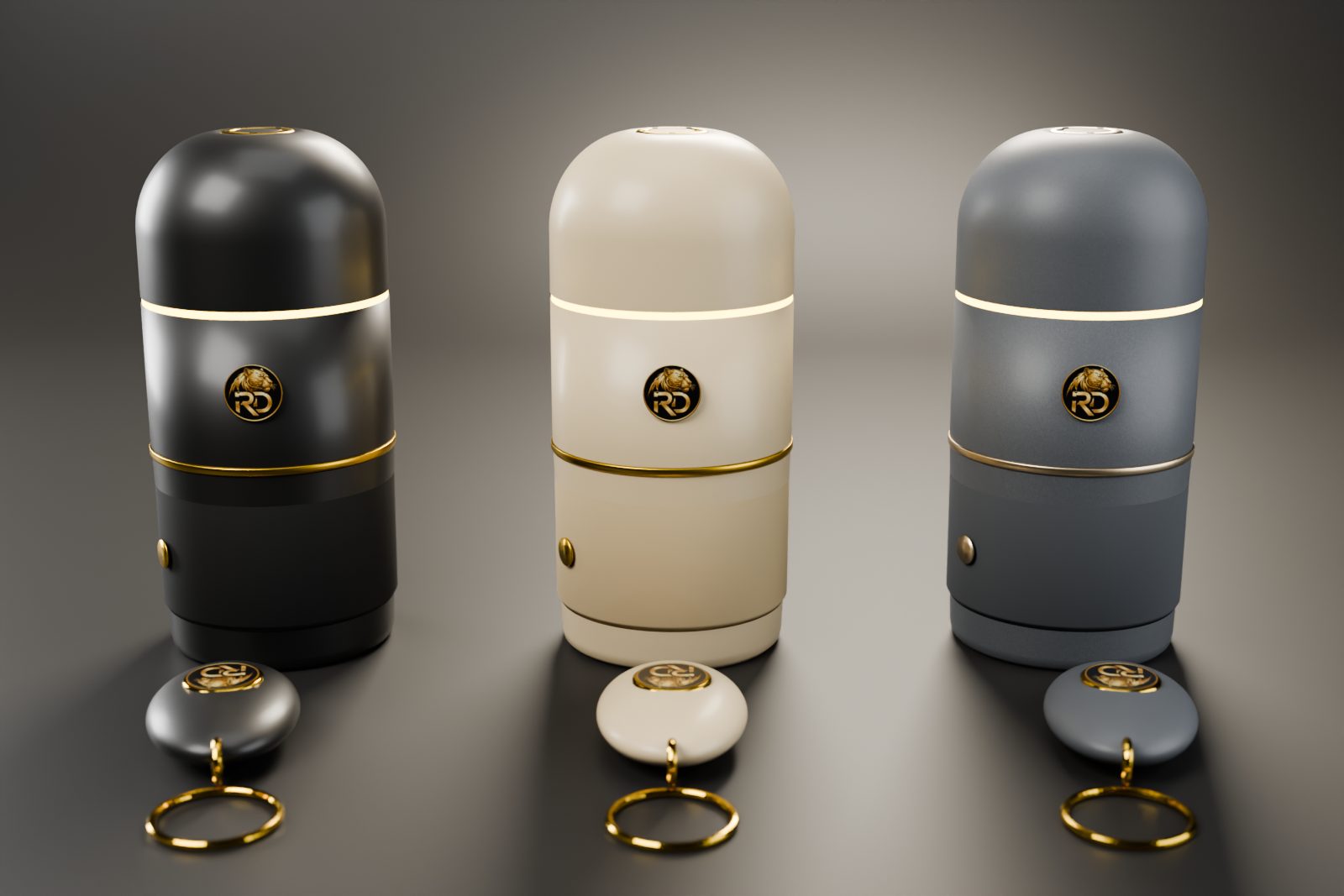 RareDroplet Station Car in Black & Gold, Cream & Gold and Stone Gray, each shown with the optional matching key fob (sold separately)