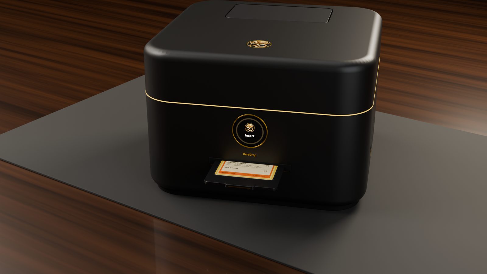 A card in its slim carrier tray at the front slot of the RareDrop Service Station in Black & Gold