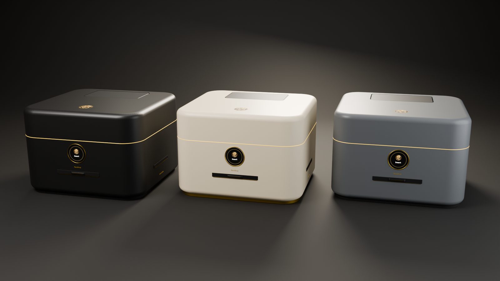 RareDrop Service Station in Black & Gold, Cream & Gold and Stone Gray, side by side