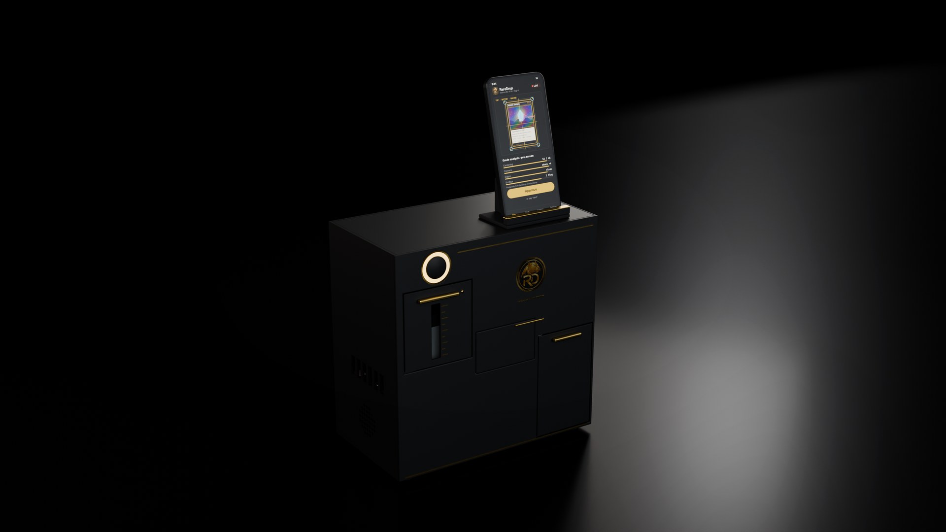 RareDrop Radar Station in matte black with the gold jaguar RD badge, phone docked showing live grading