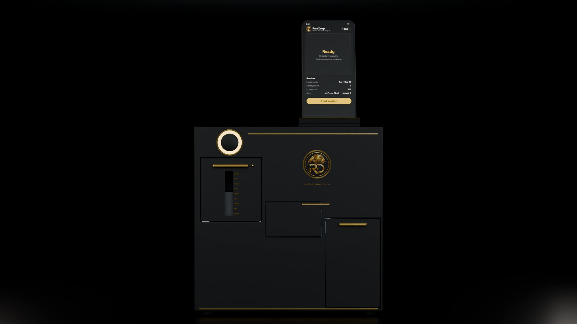 RareDrop Radar Station front view in matte black with the gold jaguar RD badge and a phone docked on top
