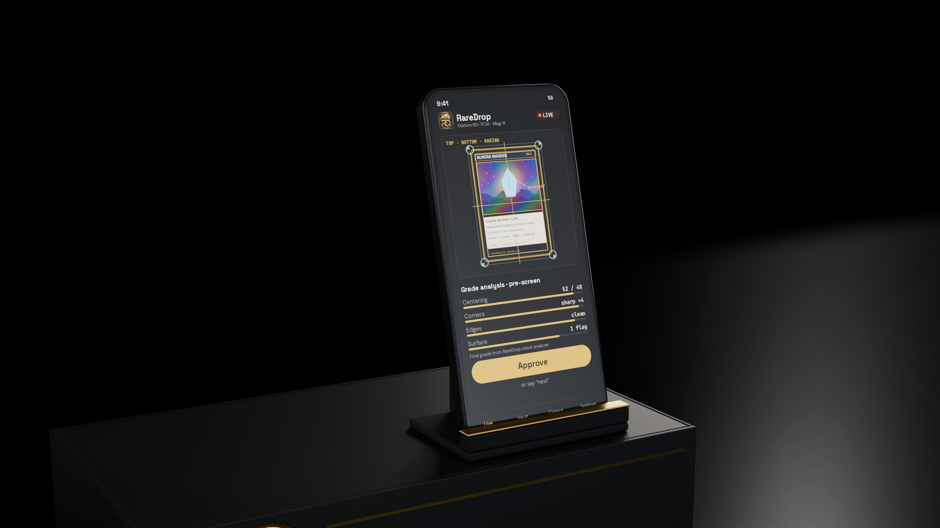 Phone docked on the RareDrop Radar Station showing live grading with an approve button
