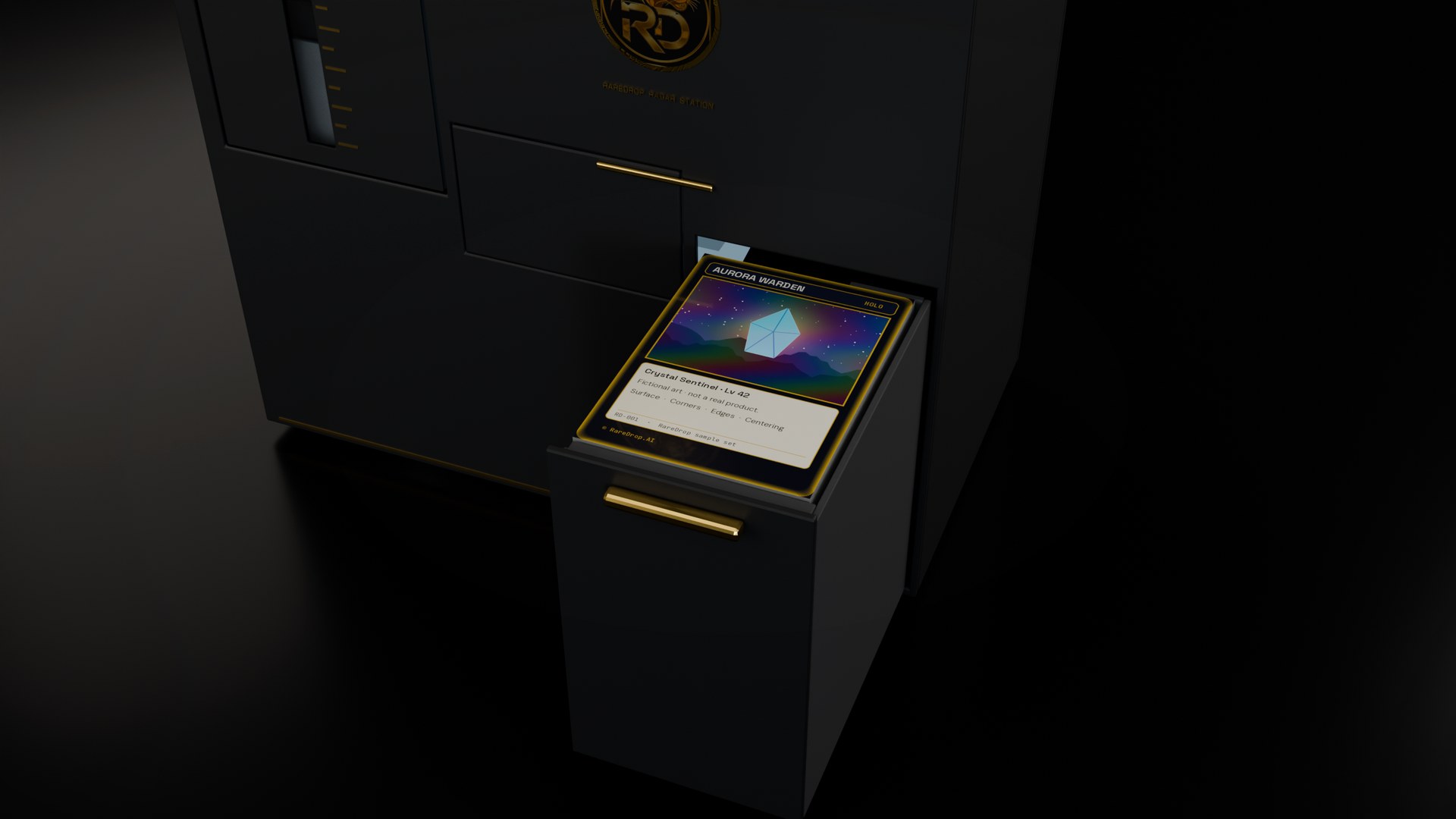 RareDrop Radar Station finish stack holding a graded card, set down gently after capture